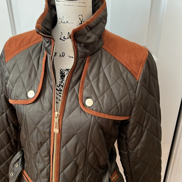 Vince Camuto quilted belted field jacket green tan sz medium - Picture 12 of 14